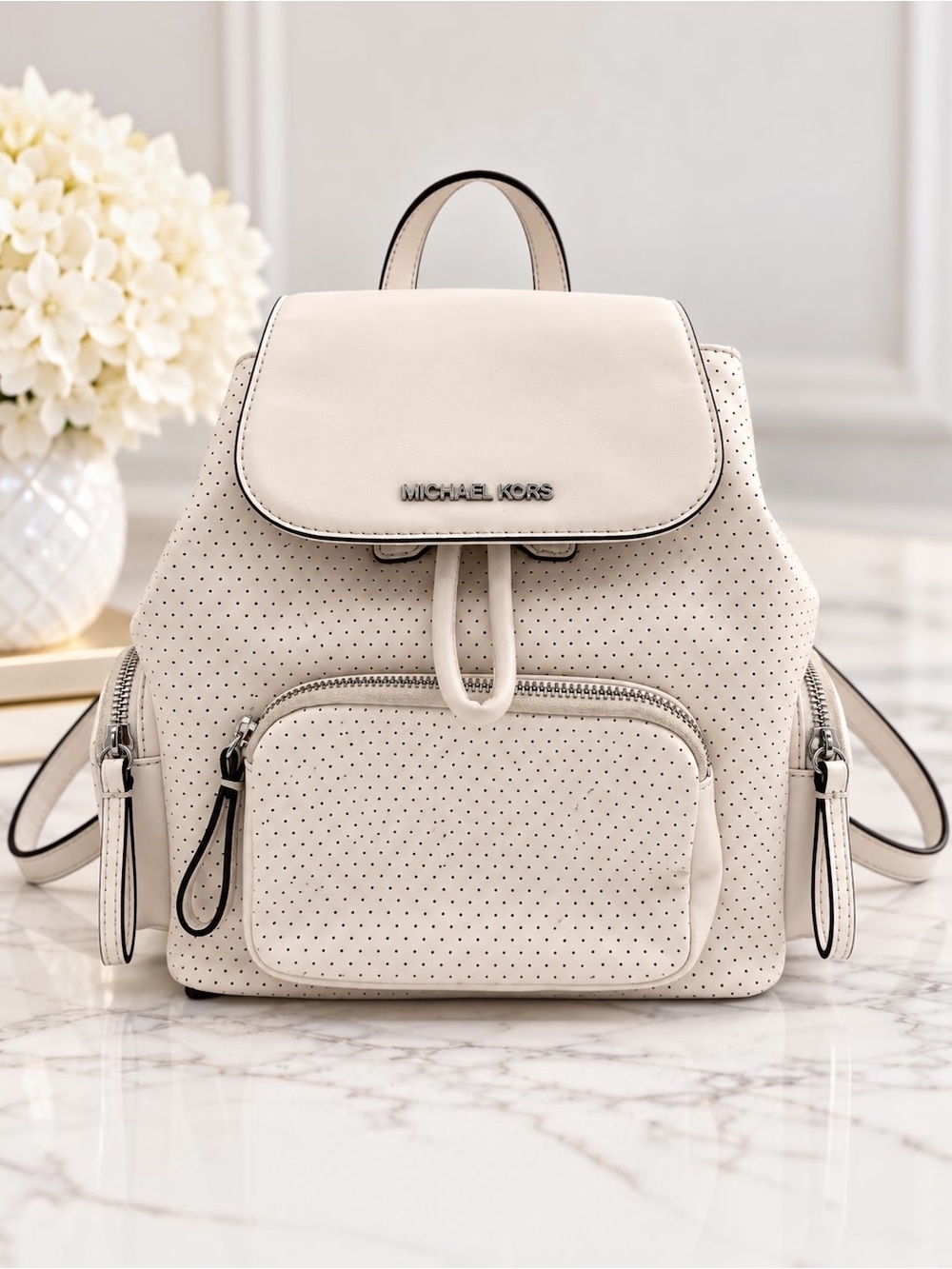 Michael Kors Abbey Medium Perforated Backpack Ivory White/Silver✨✨